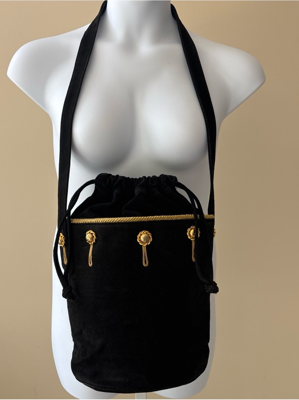 Black Suede Vintage Marconi Drawstring Crossbody Bag with Gold Rope Trim